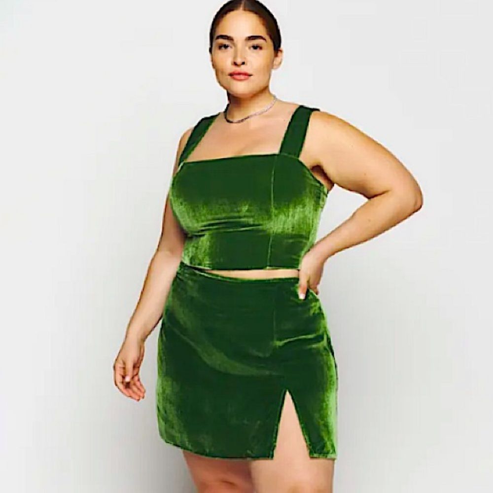 Reformation Silk Velvet Cocktail Dress Set Cleo Mini Skirt Giulia Smock Crop Top